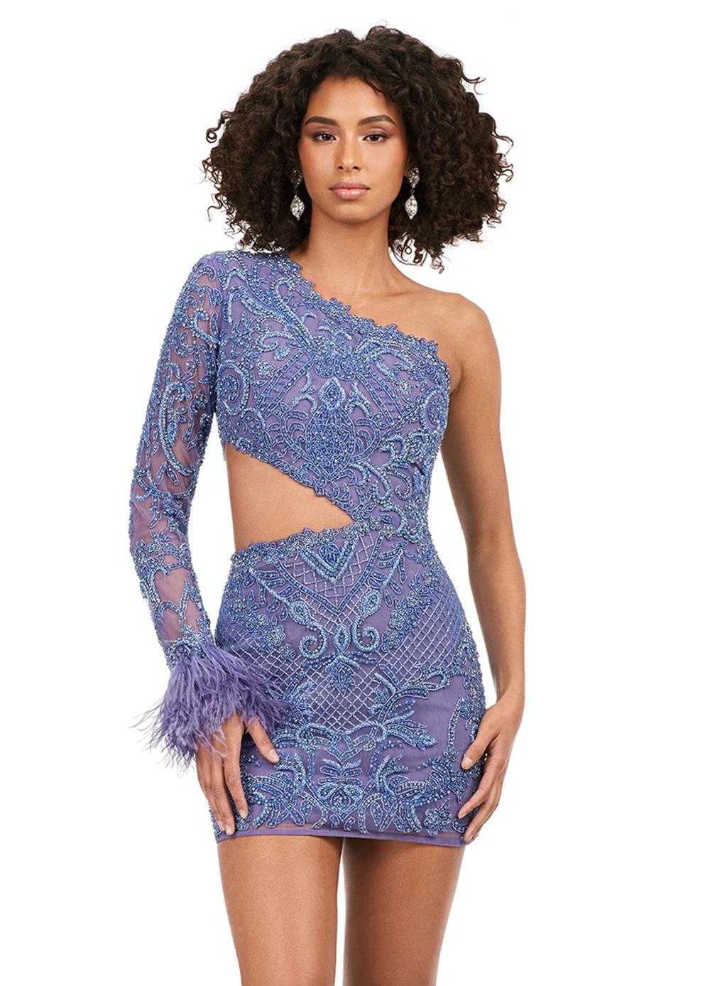 Periwinkle ASHLEYlauren 4565 fully beaded cocktail dress featuring a one sleeve design, modern waist cut-out, and feather accents at the wrist for a bold and glamorous look.