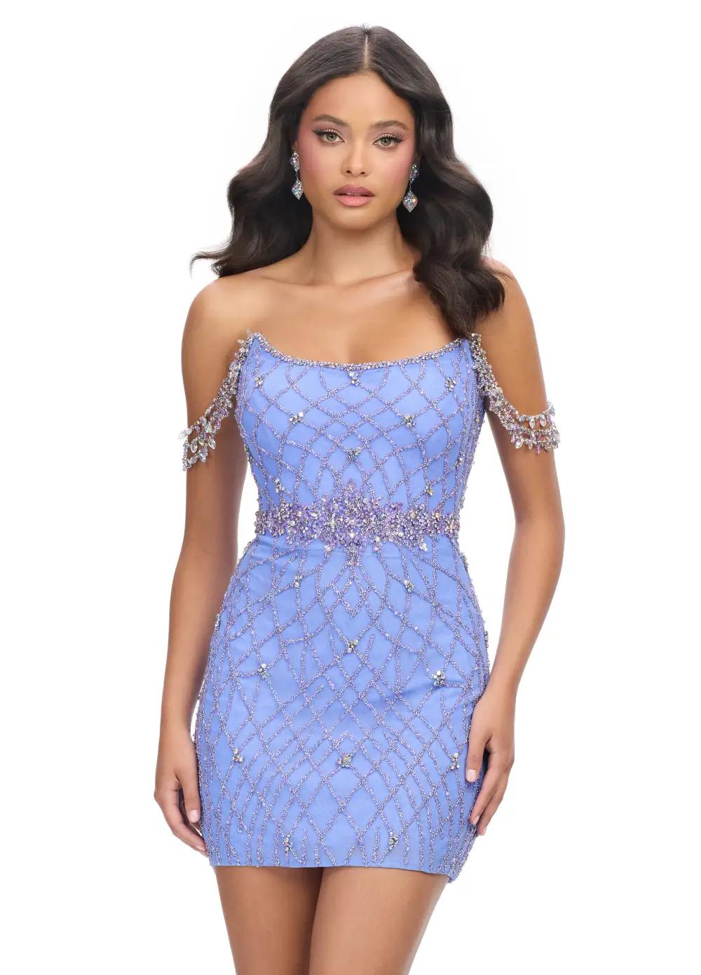 Periwinkle ASHLEYlauren 4702 Hand Beaded Cocktail Dress with Off Shoulder Beaded Straps and Fitted Skirt