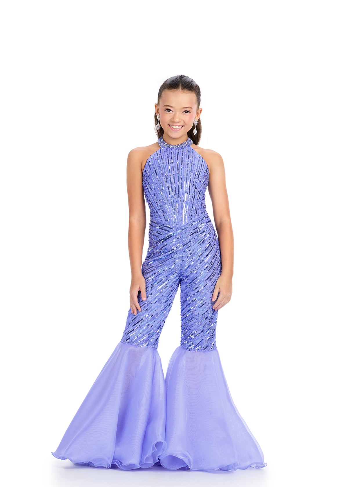 ASHLEYlauren 8318 Fully Beaded Jumpsuit with Halter Neckline, Open Back, and Organza Flare Pants