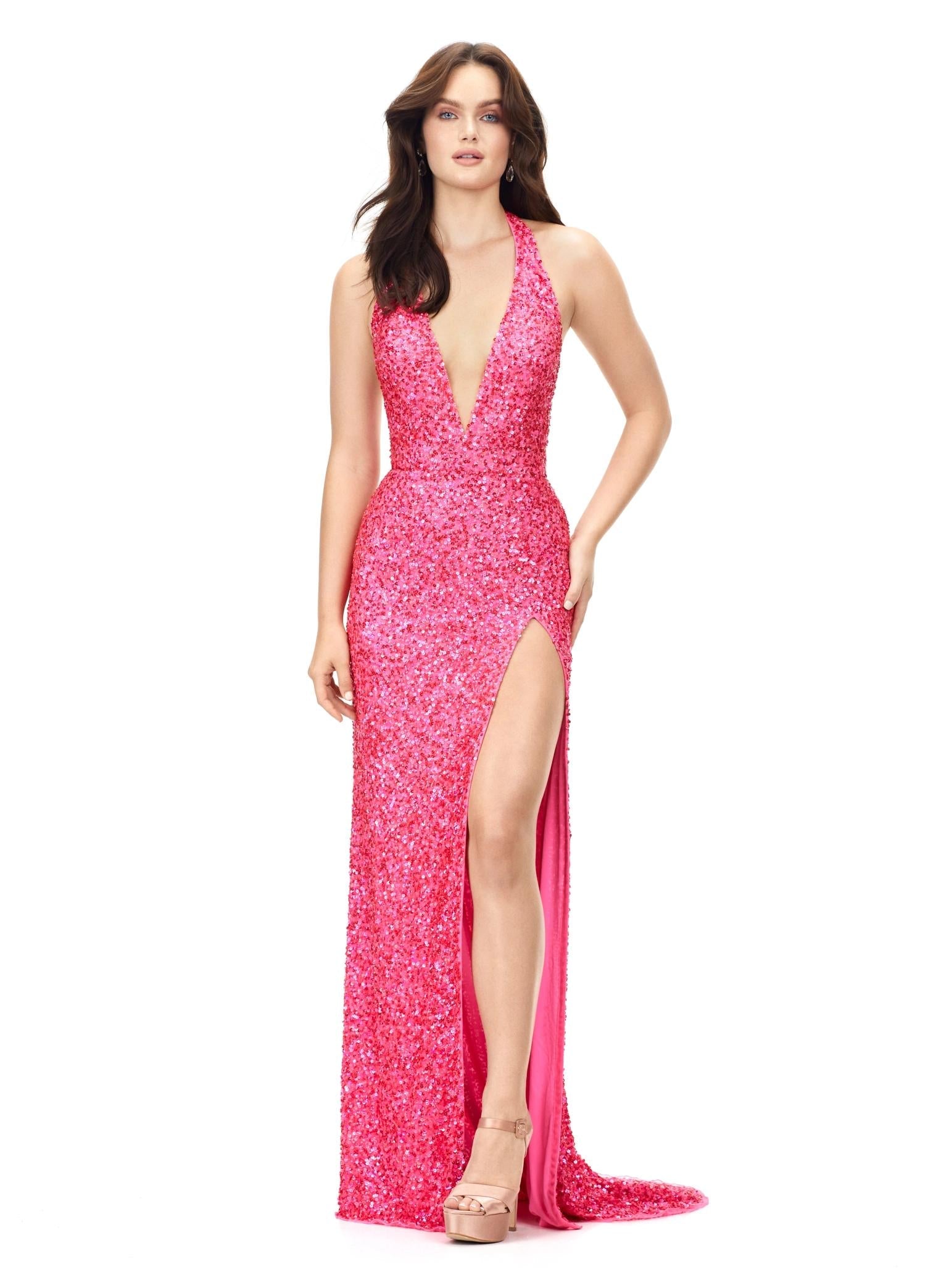 ASHLEYlauren 11065 Hand Beaded Gown with Plunging Halter Neckline, Left Leg Slit, and Low Back