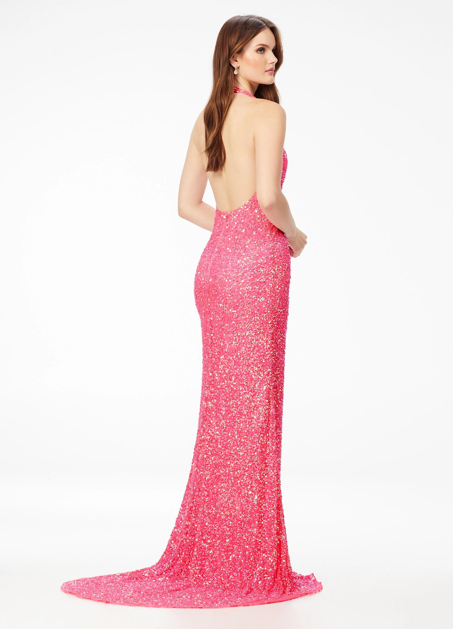 ASHLEYlauren 11065 Hand Beaded Gown with Plunging Halter Neckline, Left Leg Slit, and Low Back