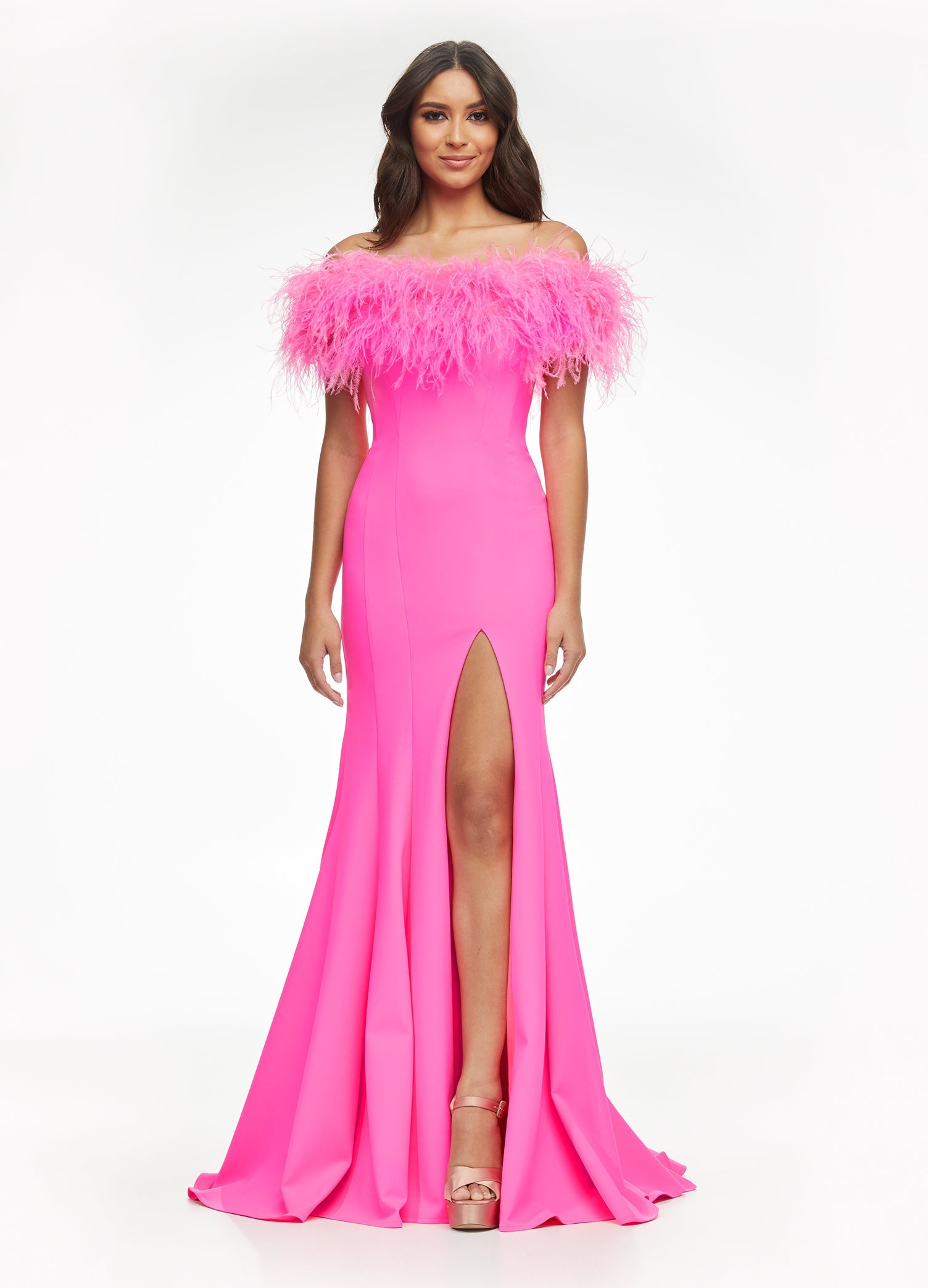 Pink ASHLEYlauren 11099 Fully Beaded Gown with One-Shoulder Design, Intricate Beading, and High Slit for a Glamorous Look