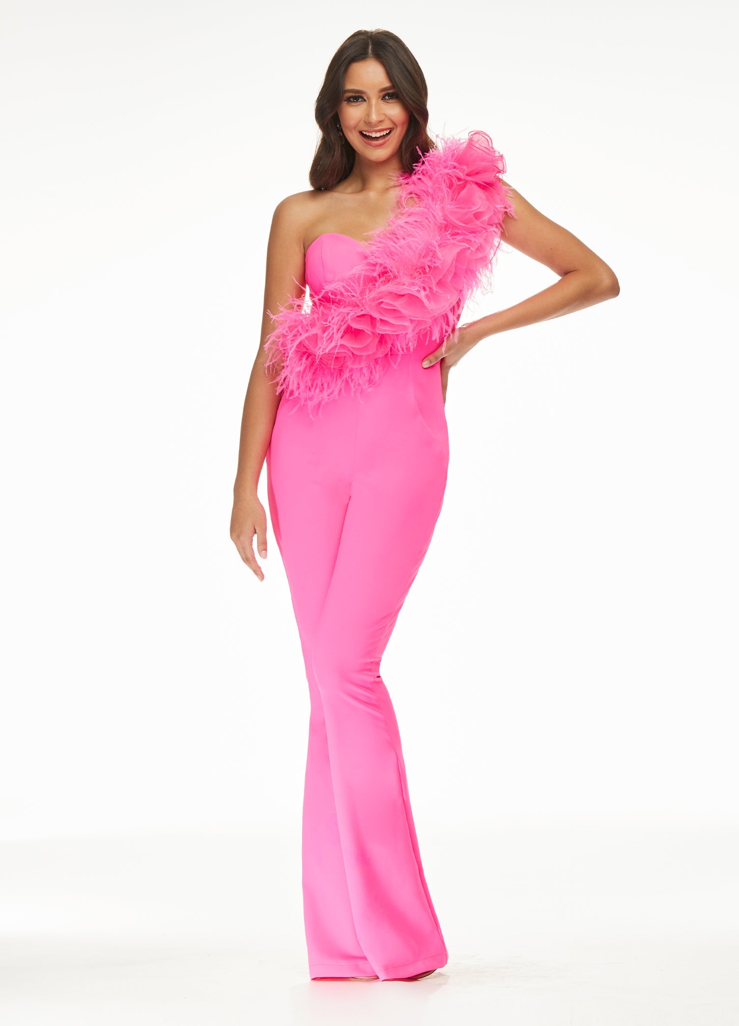 Pink ASHLEYlauren 11106 Scuba Jumpsuit with One-Shoulder Design, Organza Ruffle, and Feather Accents for a Fun and Flirty Look