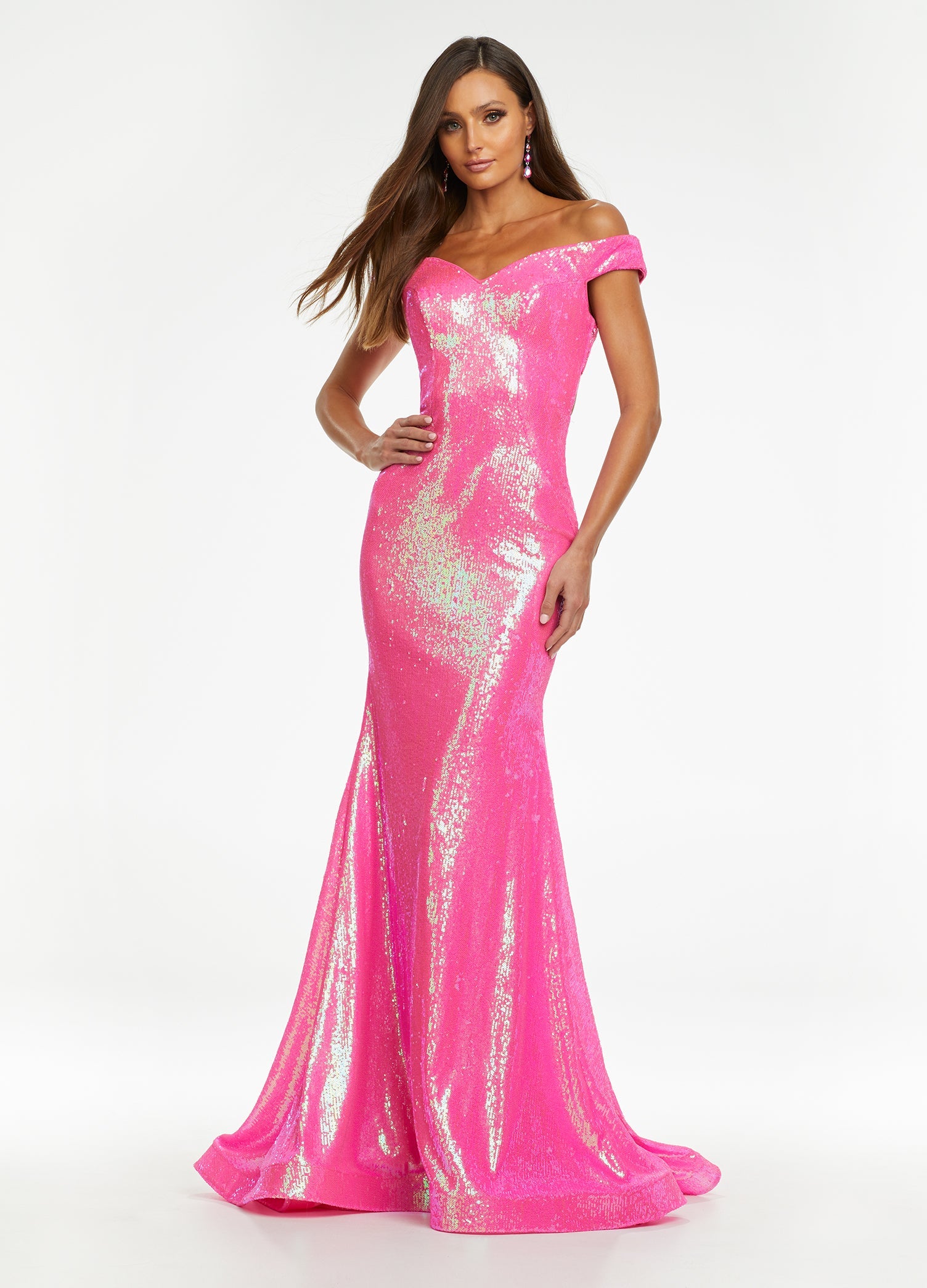 Pink ASHLEYlauren 11107 Off-Shoulder Sequin Gown with Criss-Cross Open Back, Fit & Flare Silhouette, and Horsehair Hem