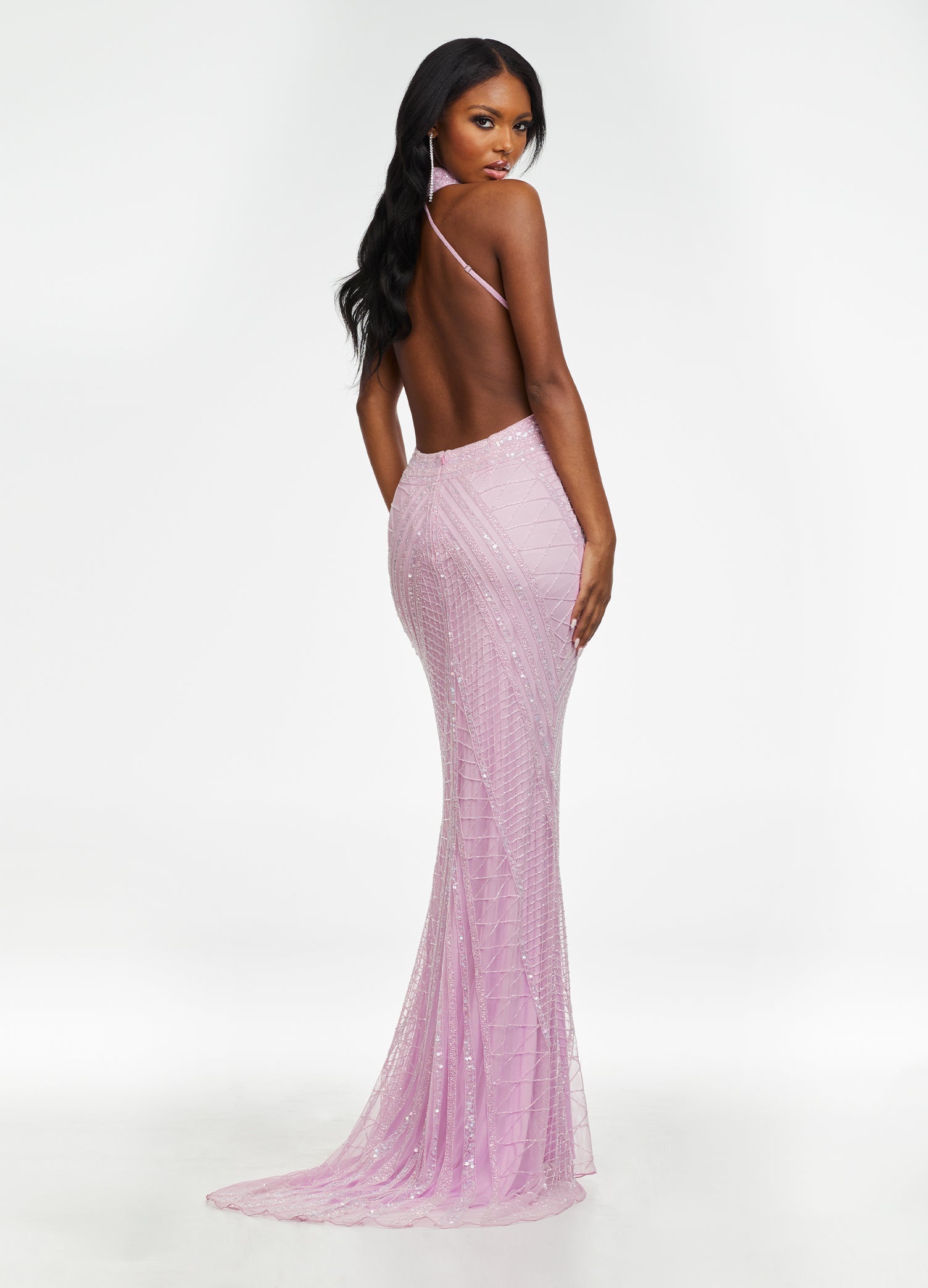 Back - Pink ASHLEYlauren 11177 – An intricately hand-beaded halter gown featuring a stunning beaded motif, low open back, center slit, and a sweeping train. Perfect for making a show-stopping statement at any event.