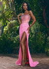 Pink ASHLEYlauren 11236 jaw-dropping strapless gown featuring a fitted silhouette, corset bustier with stunning crystal beadwork, a fully beaded wrap skirt, and a left leg slit for a glamorous red carpet-worthy look.