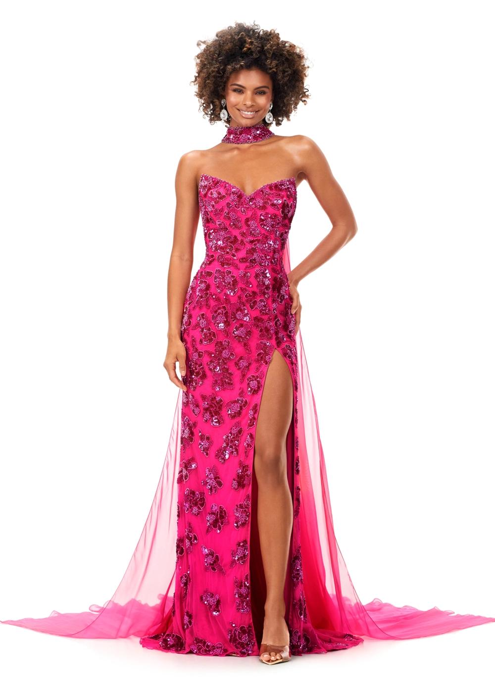 Pink ASHLEYlauren 11351 Strapless Beaded Gown with Crystal Choker, Chiffon Cape, and Slit