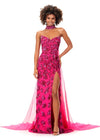 Pink ASHLEYlauren 11351 Strapless Beaded Gown with Crystal Choker, Chiffon Cape, and Slit