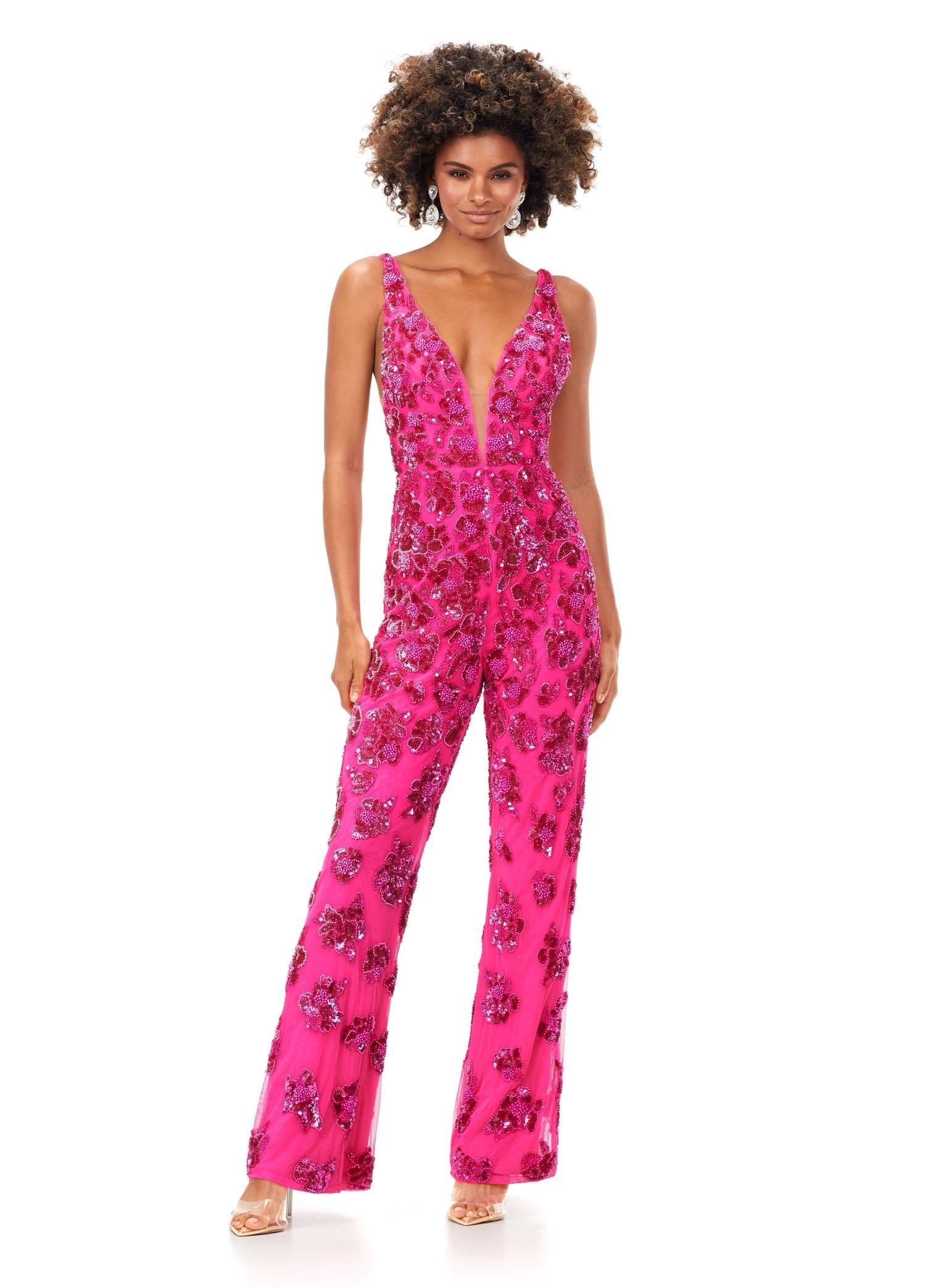 Pink ASHLEYlauren 11355 fully hand-beaded jumpsuit featuring an intricate floral bead pattern, V-neckline, V-back, and straight leg pants.