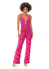 Pink ASHLEYlauren 11355 fully hand-beaded jumpsuit featuring an intricate floral bead pattern, V-neckline, V-back, and straight leg pants.