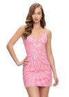 Pink ASHLEYlauren 4500 strapless gown featuring a plunging V-neckline, ornate sequin bead pattern, and striking V-back for a bold and glamorous look.