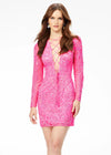 Pink ASHLEYlauren 4511 fitted hand-beaded cocktail dress featuring a lace-up bustier, intricate bead motif cascading onto the fitted skirt and long sleeves for a dramatic and glamorous look.