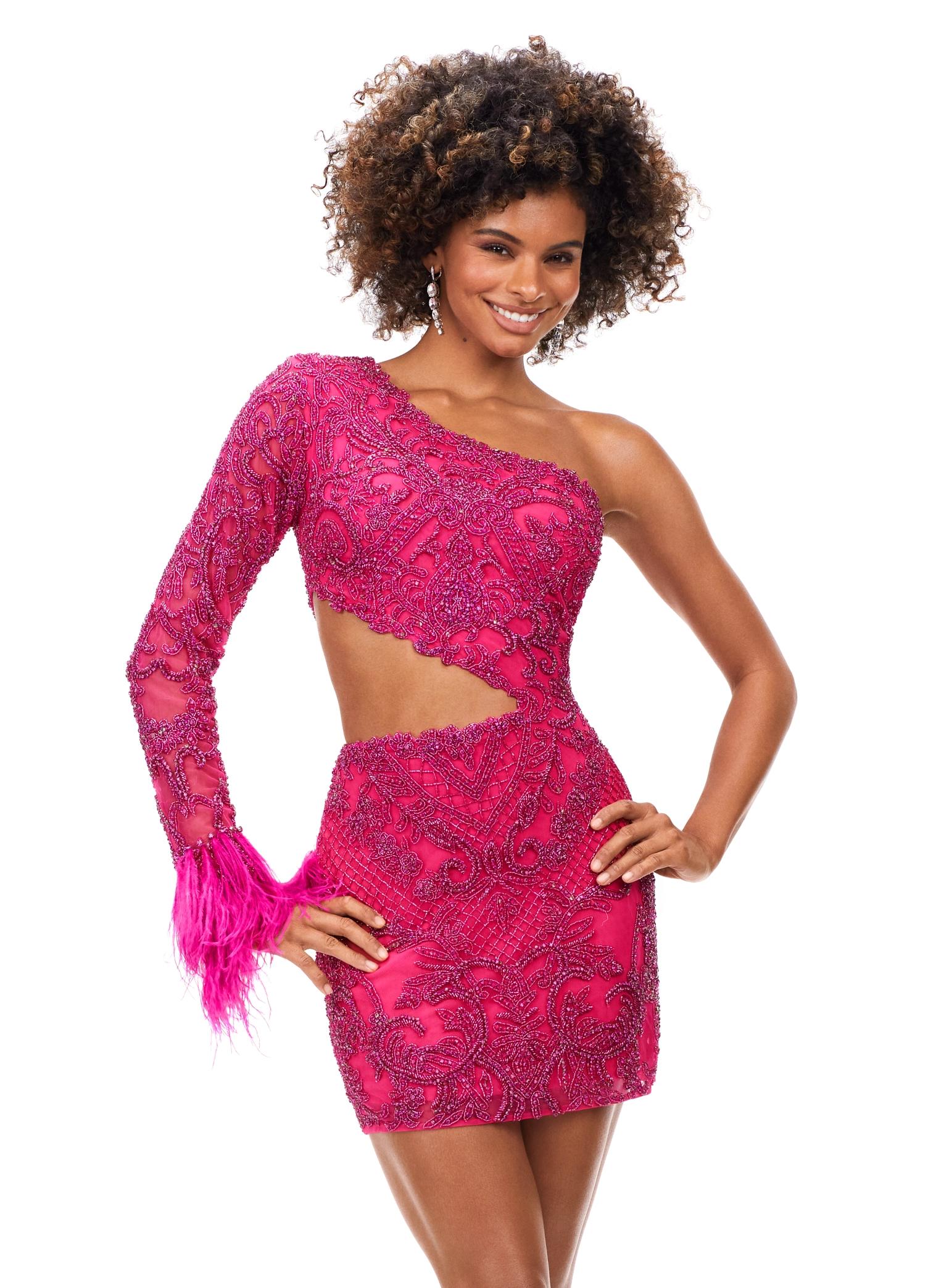 Pink ASHLEYlauren 4565 fully beaded cocktail dress featuring a one sleeve design, modern waist cut-out, and feather accents at the wrist for a bold and glamorous look.