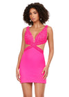 Pink ASHLEYlauren 4649 jersey cocktail dress featuring a V-neckline, perfectly placed cutouts, beaded details, lace-up back, and a fitted skirt for a fun and flirty look.