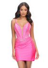 Pink ASHLEYlauren 4693 cocktail dress featuring spaghetti straps, an illusion V-neckline, corset bustier, press-on stone embellishments, and a fitted skirt for a glamorous and head-turning look.