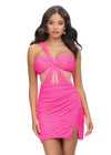 Pink ASHLEYlauren 4694 pink cocktail dress featuring spaghetti straps, an illusion V-neckline, corset bustier, press-on stone embellishments, and a fitted skirt for a glamorous and head-turning look.