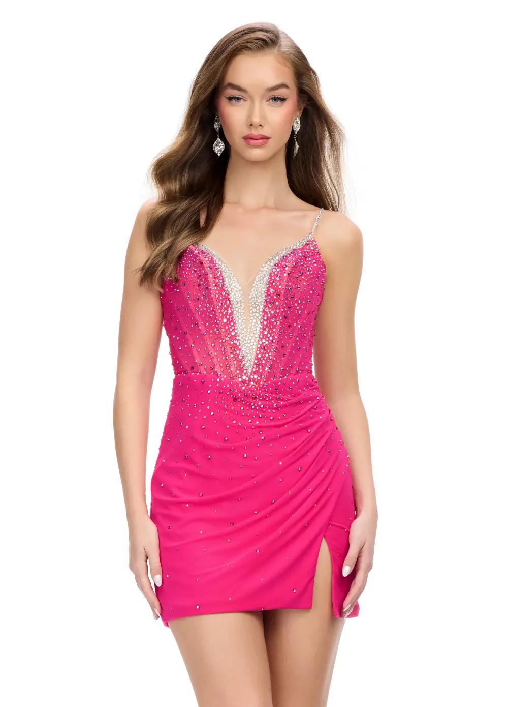 Pink ASHLEYlauren 4716 Cocktail Dress with Illusion V-Neckline, Corset Bustier, and Wrap Skirt