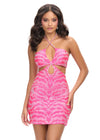 Pink ASHLEYlauren 4726 cocktail dress featuring animal print-inspired beadwork, a halter neckline, illusion cut outs, press-on stones, and a fitted skirt for a bold and glamorous look.