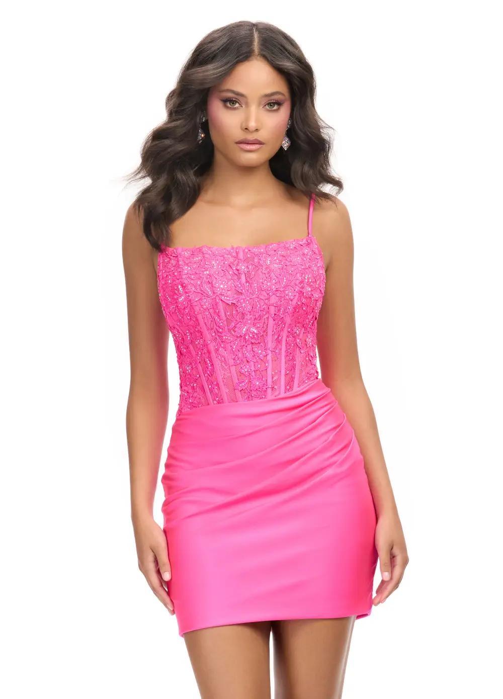 Pink ASHLEYlauren 4738 cocktail dress featuring delicate spaghetti straps, a corset bustier adorned with lace applique, and a sleek jersey fitted skirt for an elegant and sophisticated look.