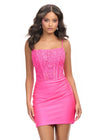 Pink ASHLEYlauren 4738 cocktail dress featuring delicate spaghetti straps, a corset bustier adorned with lace applique, and a sleek jersey fitted skirt for an elegant and sophisticated look.