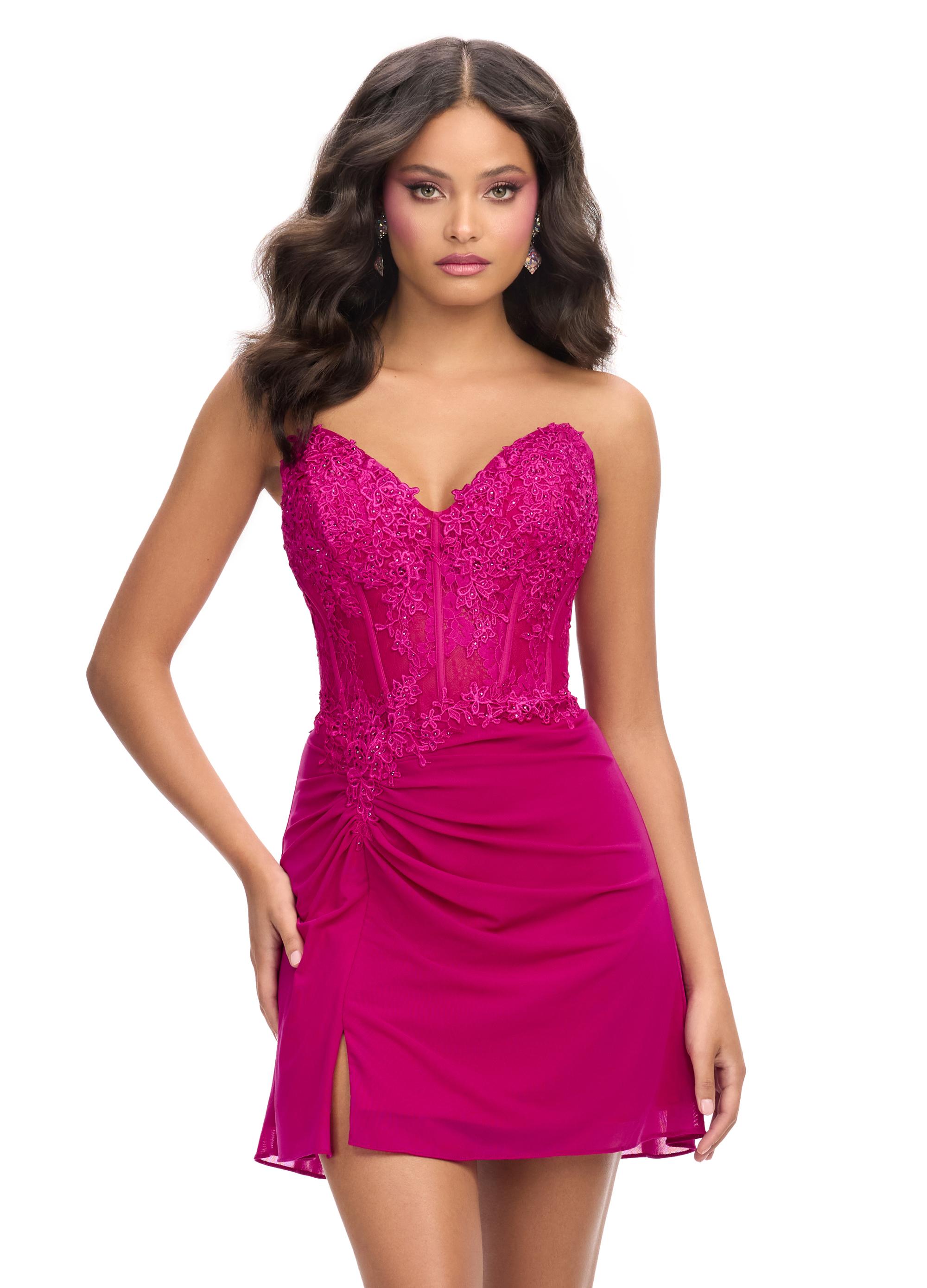 Pink ASHLEYlauren 4776 Strapless Cocktail Dress with Lace Applique Corset Bustier and A-Line Skirt