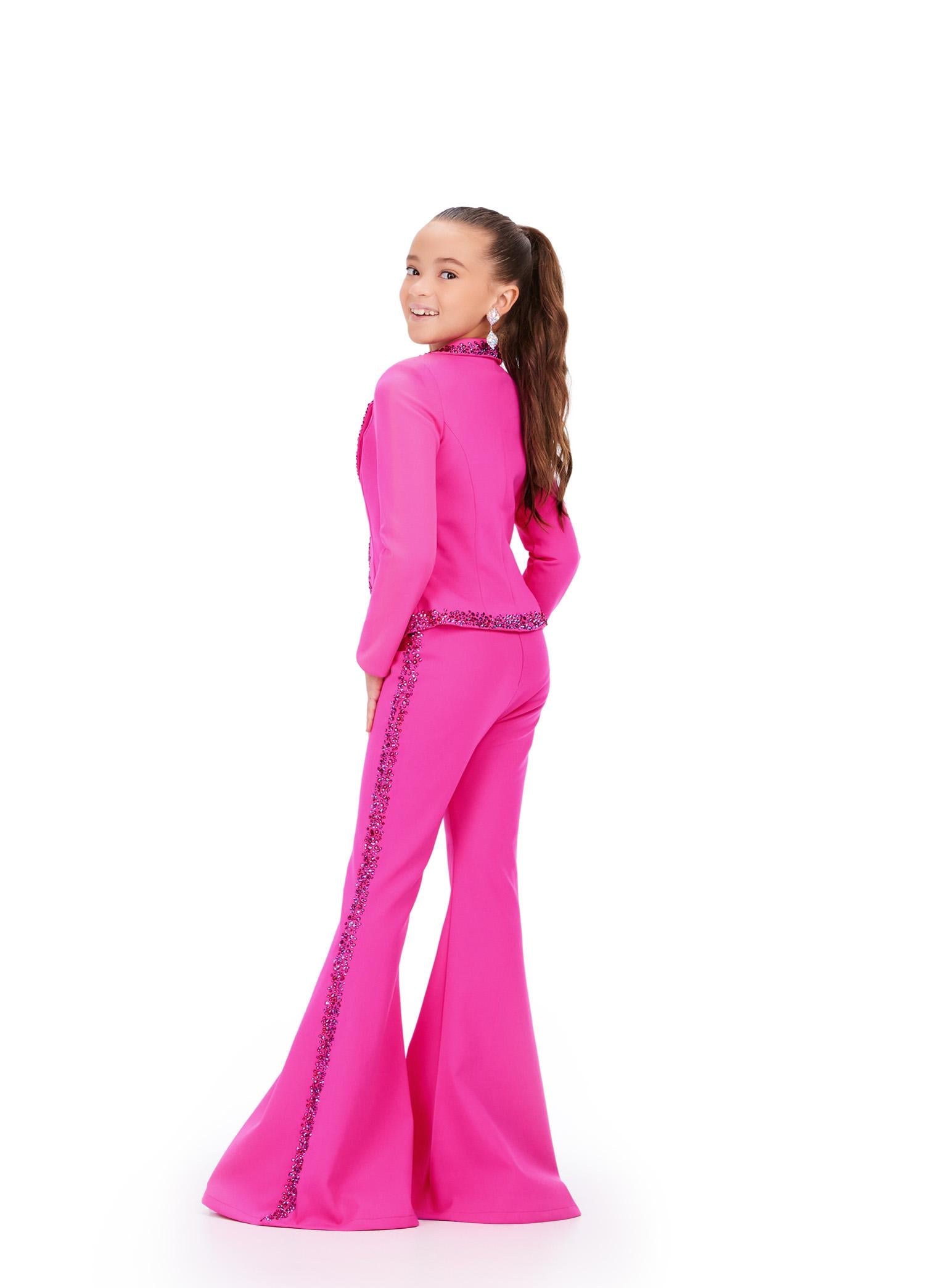 Back - ASHLEYlauren 8209 – A fun and fabulous scuba two-piece jumpsuit featuring press-on stone trim along the jacket and pant legs, with stylish flare pant legs for a bold, fashion-forward look. Perfect for making a statement!