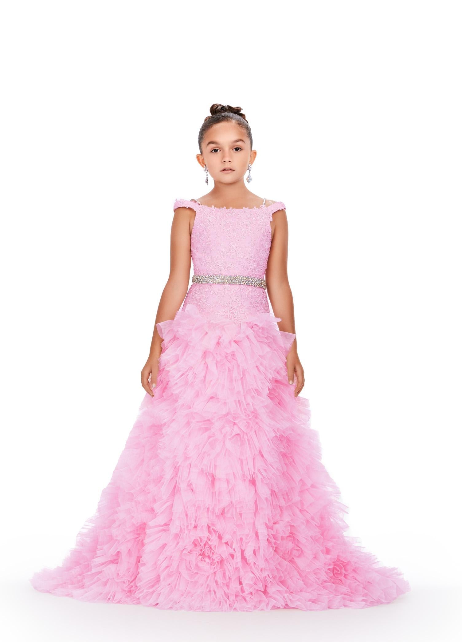 Pink ASHLEYlauren Kids 8224 Off Shoulder Gown with Embroidered Lace and Ruffled Tulle Skirt