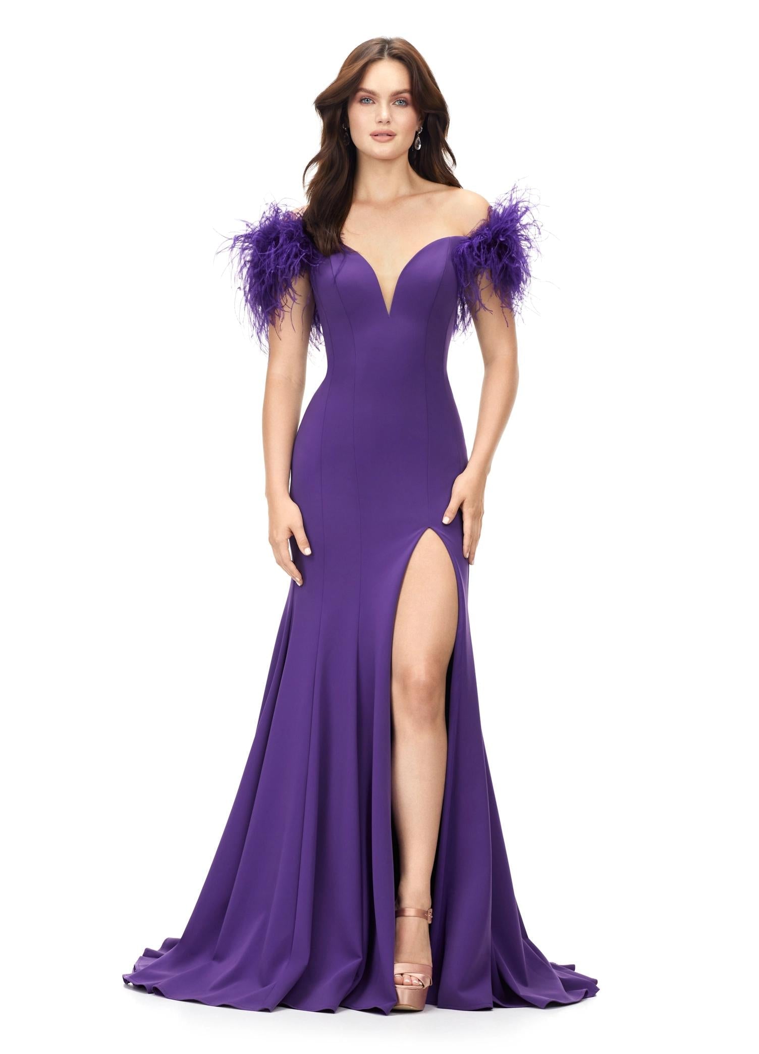 Purple ASHLEYlauren 11101 Off-Shoulder Scuba Gown with Sweetheart Neckline, Feather Accents, and Left Leg Slit