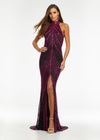 Purple ASHLEYlauren 11177 – An intricately hand-beaded halter gown featuring a stunning beaded motif, low open back, center slit, and a sweeping train. Perfect for making a show-stopping statement at any event.