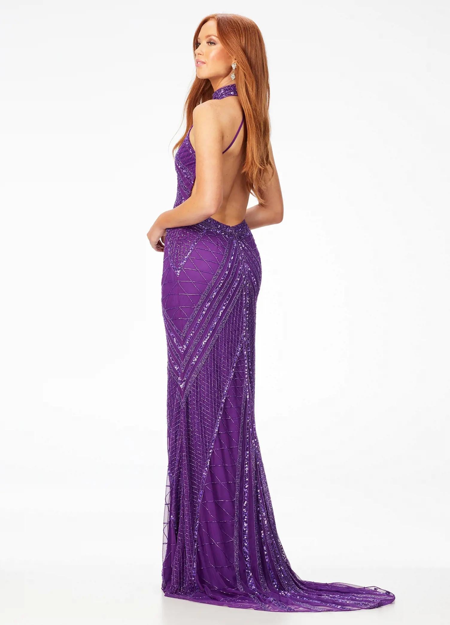 Back - ASHLEYlauren 11177 – An intricately hand-beaded halter gown featuring a stunning beaded motif, low open back, center slit, and a sweeping train. Perfect for making a show-stopping statement at any event.