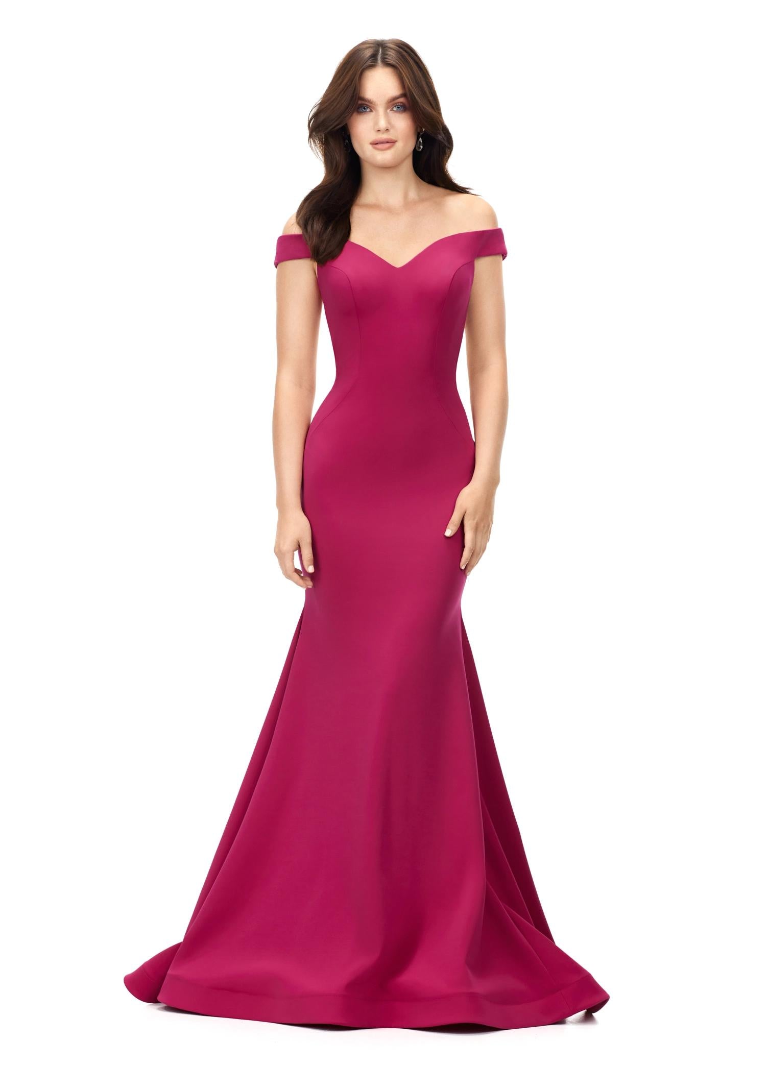 Raspberry ASHLEYlauren 11025 off shoulder scuba gown featuring a sweetheart neckline, signature crisscross strappy back, fitted silhouette, and a sweep train for an elegant and sophisticated look.