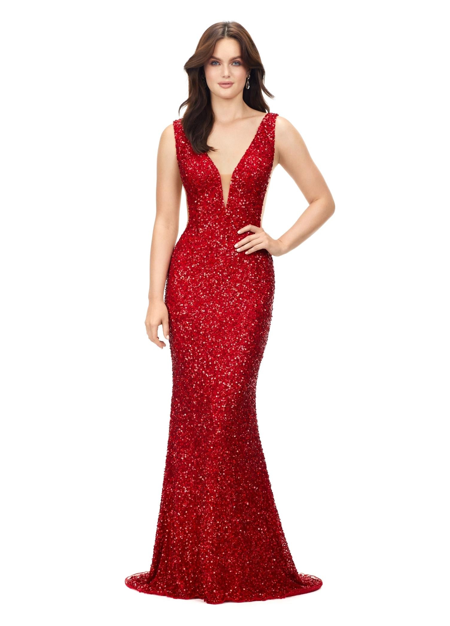 Red ASHLEYlauren 11081 Hand Beaded Gown with Deep V-Neckline, V-Back, and Illusion Cut Outs