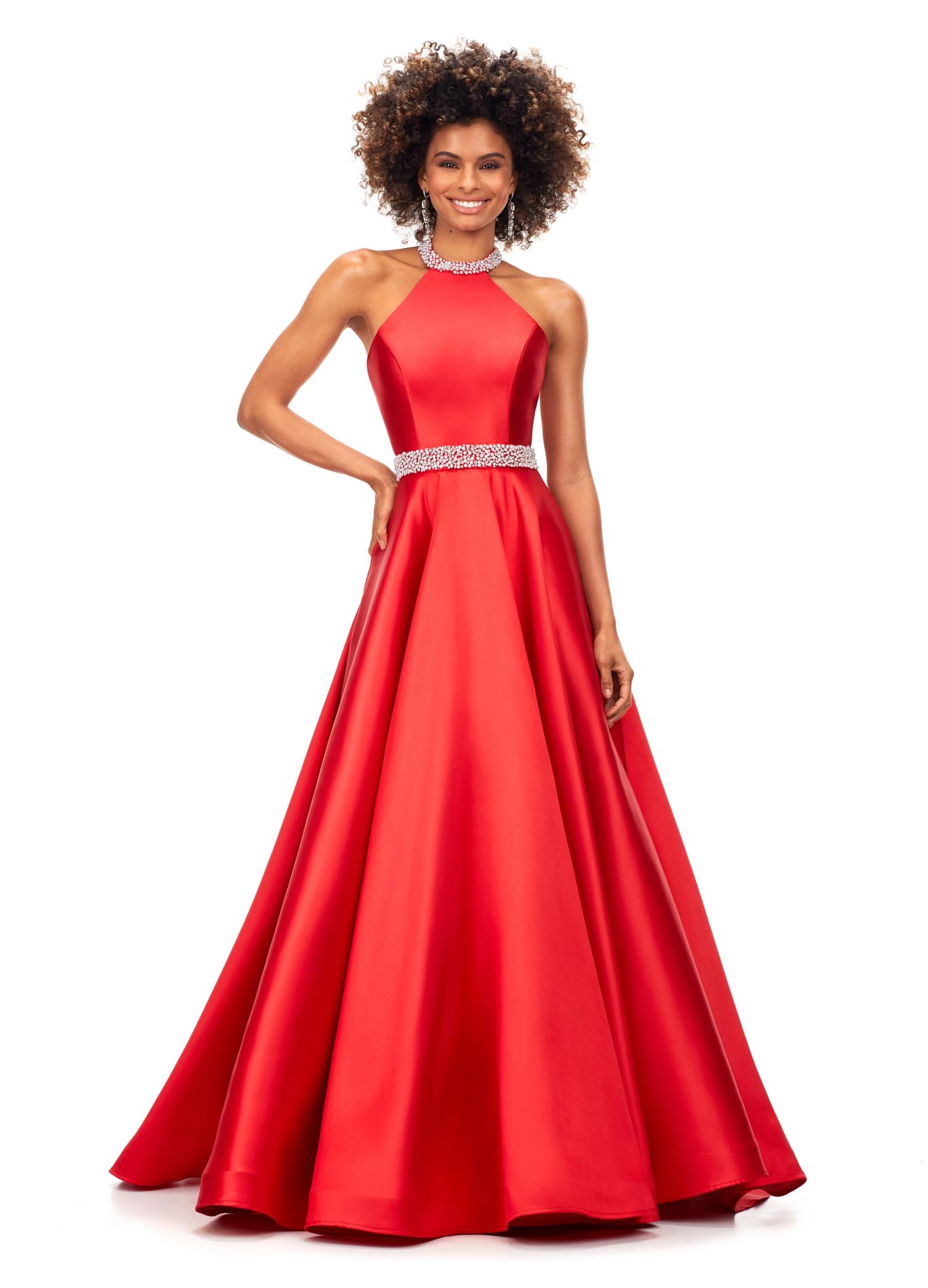 Red ASHLEYlauren 11230 – A stunning A-line mikado gown featuring a crystal and pearl encrusted halter bustier and waistline, paired with a full ball gown skirt. Perfect for making an elegant statement at your next event.