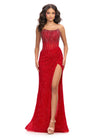 Red ASHLEYlauren 11236 jaw-dropping strapless gown featuring a fitted silhouette, corset bustier with stunning crystal beadwork, a fully beaded wrap skirt, and a left leg slit for a glamorous red carpet-worthy look.