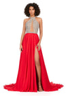 Red ASHLEYlauren 11248 – A stunning chiffon A-line gown featuring a beaded halter top with crystal details, an illusion cut-out, and a high left leg slit. Perfect for shining bright and making a statement at any special event.