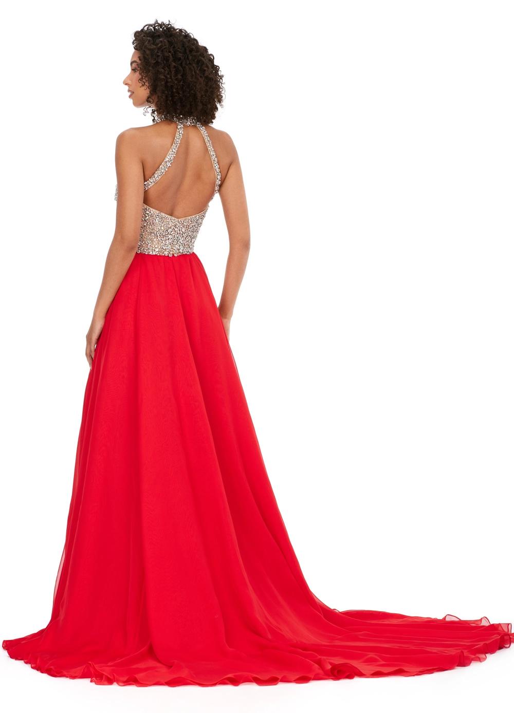 Back - Red ASHLEYlauren 11248 – A stunning chiffon A-line gown featuring a beaded halter top with crystal details, an illusion cut-out, and a high left leg slit. Perfect for shining bright and making a statement at any special event.