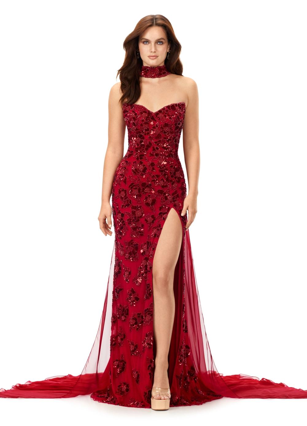 Close Up - Red ASHLEYlauren 11351 Strapless Beaded Gown with Crystal Choker, Chiffon Cape, and Slit