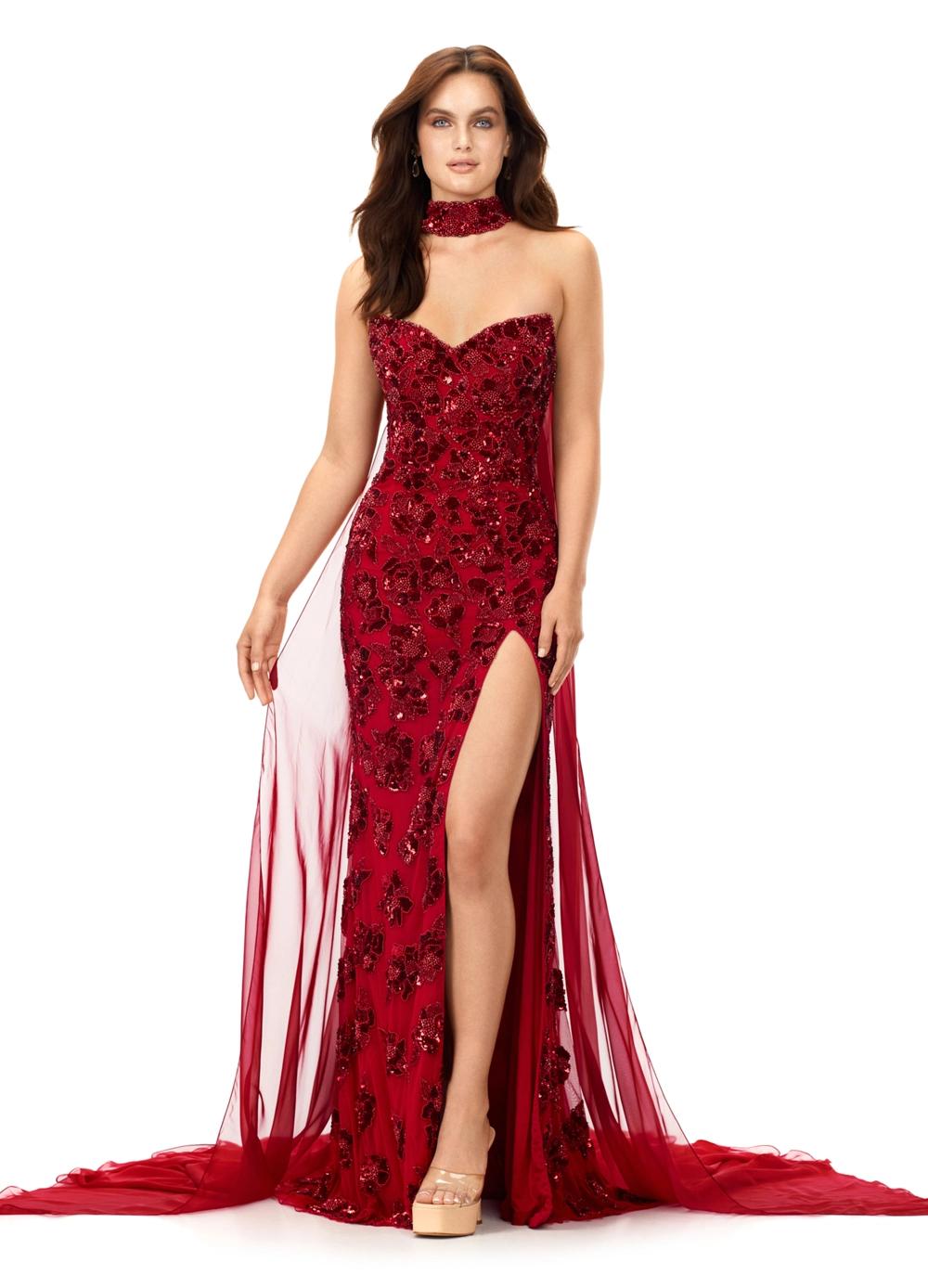 Red ASHLEYlauren 11351 Strapless Beaded Gown with Crystal Choker, Chiffon Cape, and Slit