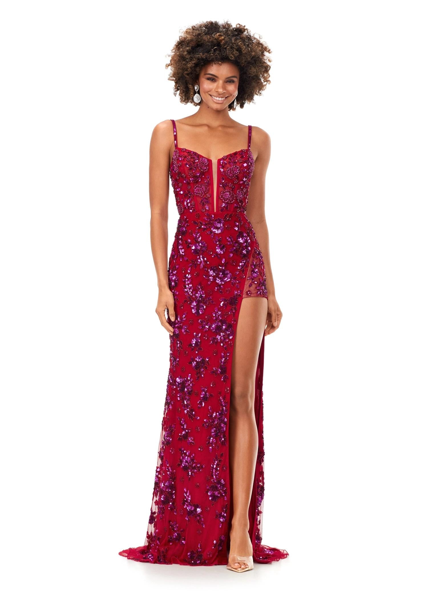 Red ASHLEYlauren 11360 floral beaded gown featuring a corset bustier with plunging V-neckline, lace-up back, and a fitted skirt with a high left leg slit.