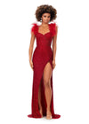 Red ASHLEYlauren 11367 beaded gown featuring a sweetheart neckline, detachable feather straps, wrap skirt, and left leg slit for an elegant and versatile look.