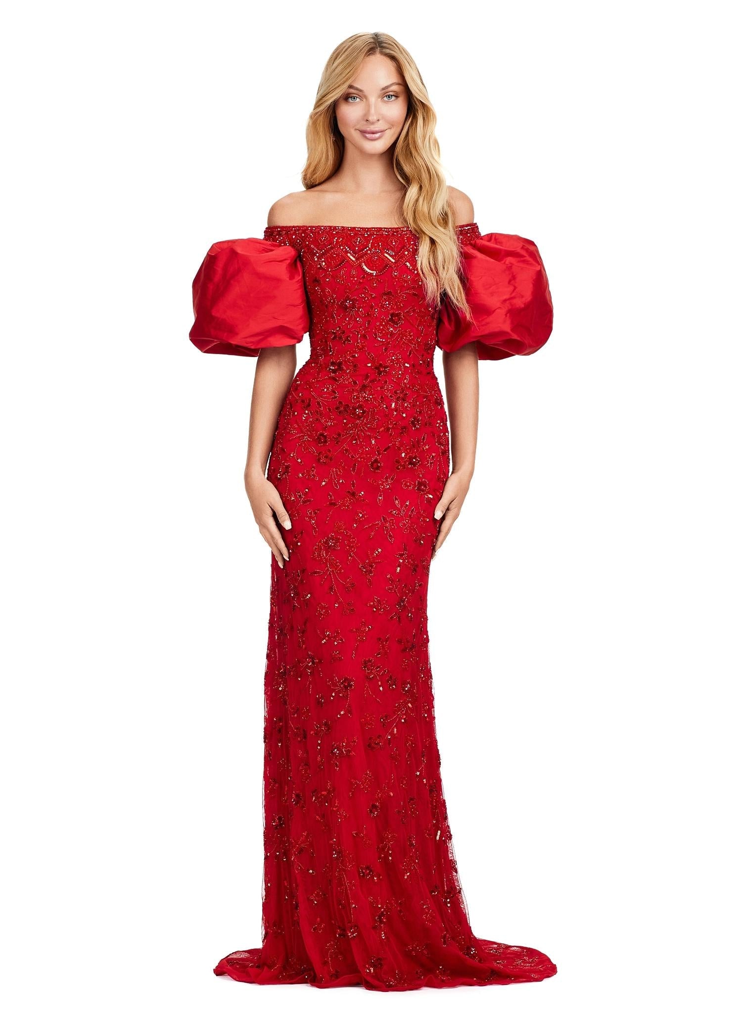 Red ASHLEYlauren 11432 fully beaded gown featuring an off-shoulder neckline and glamorous taffeta puff sleeves for an elegant and statement-making look.