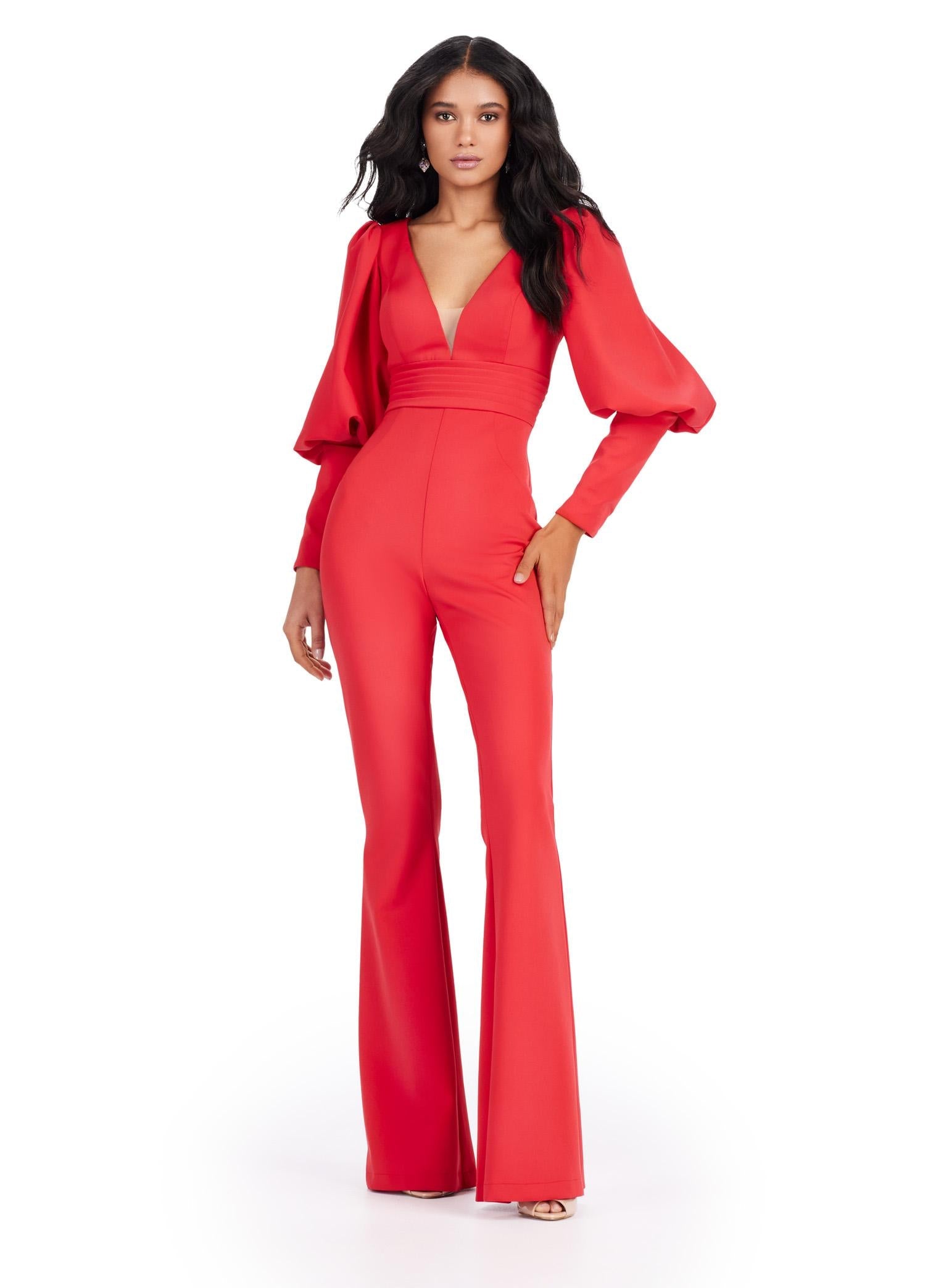 Red ASHLEYlauren 11533 scuba jumpsuit featuring a V-neckline, dramatic bishop puff sleeves, and a sleek, tailored fit for a bold and sophisticated look.