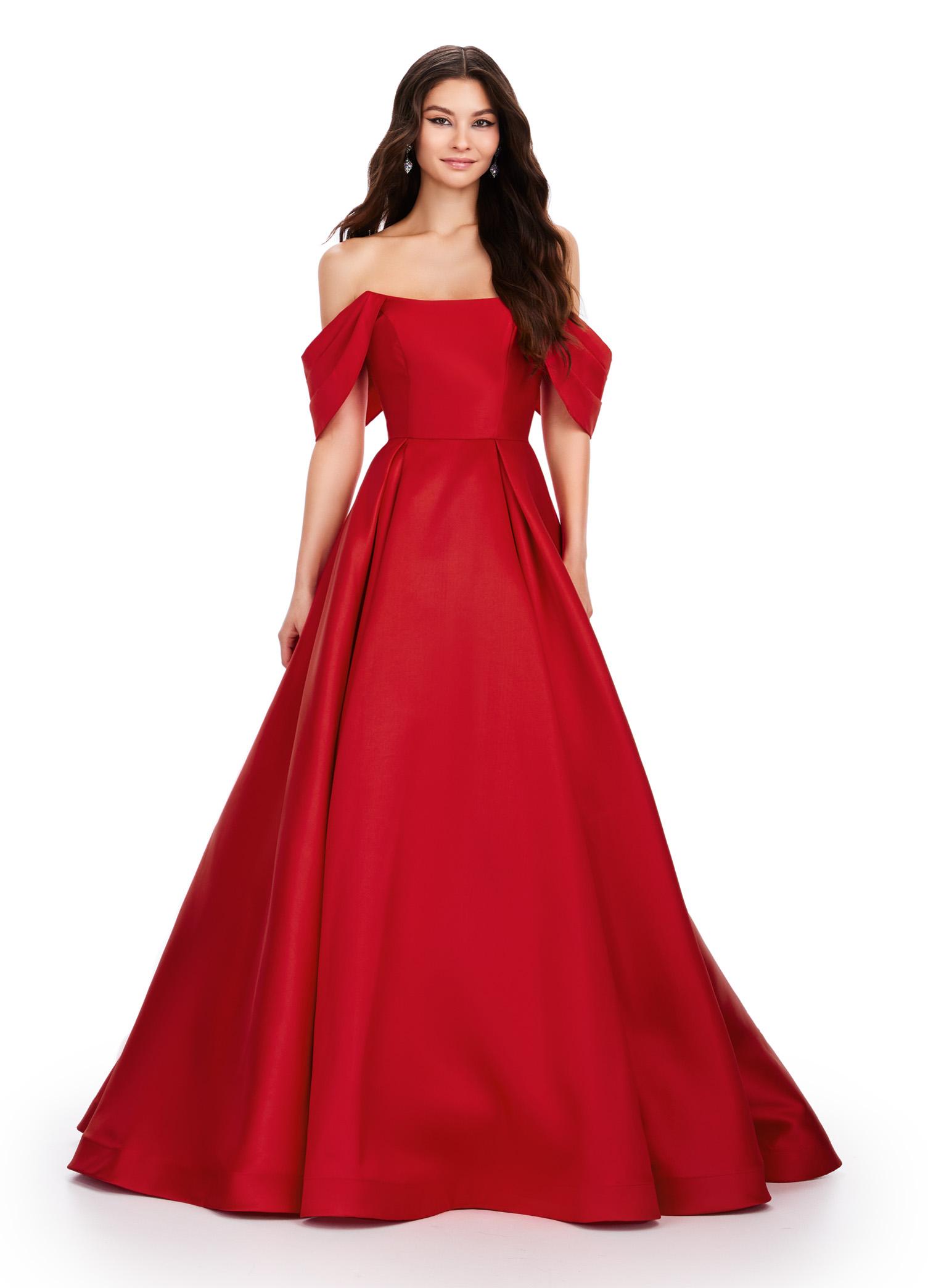 Red ASHLEYlauren 11544 elegant Mikado ball gown featuring a pleated off shoulder detail and a full ball gown skirt for a timeless and sophisticated look.