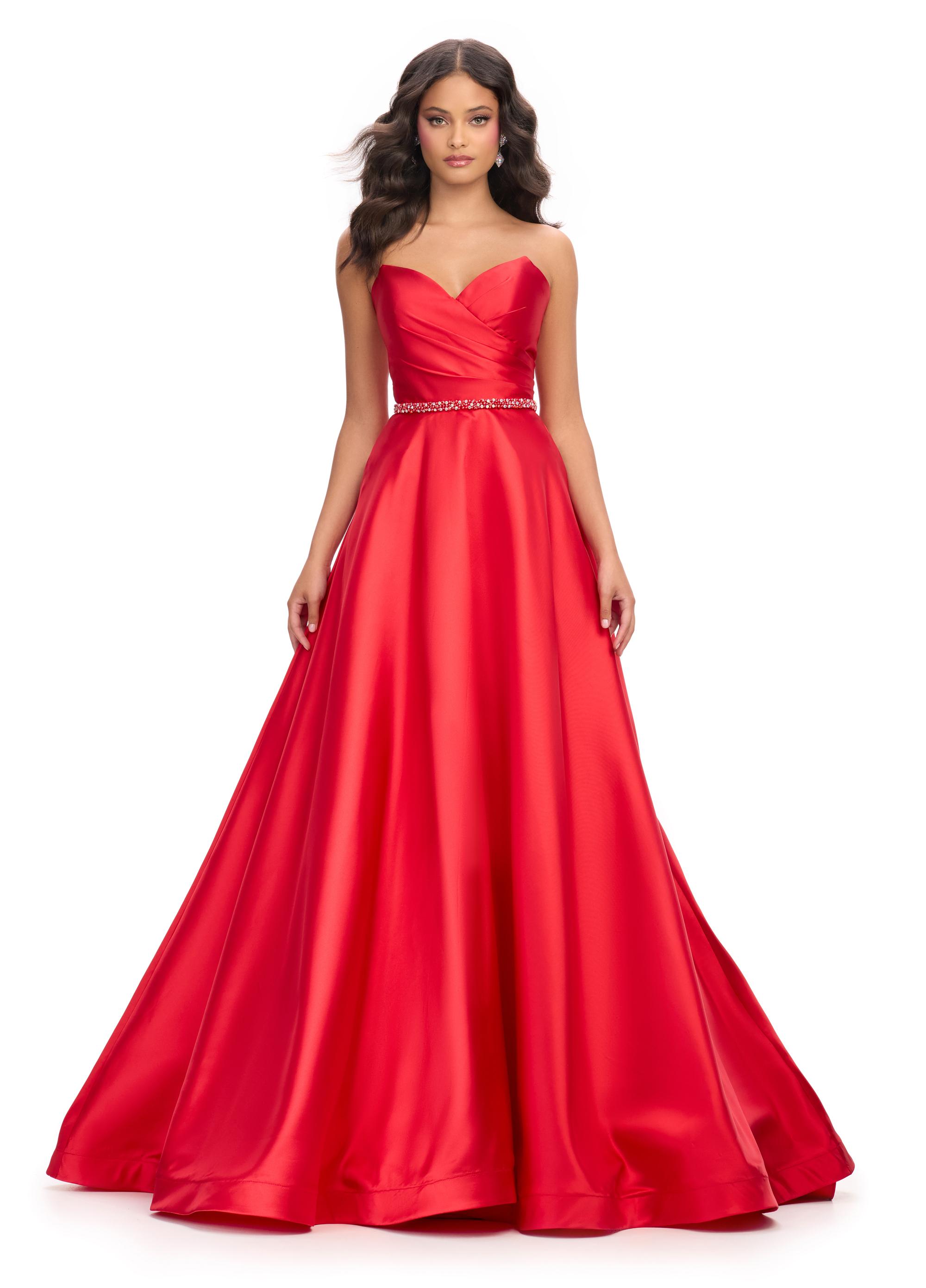 Red ASHLEYlauren 11773 elegant Mikado ball gown featuring a flattering sweetheart neckline, beaded belt, and a full ball gown skirt for a regal and timeless look.