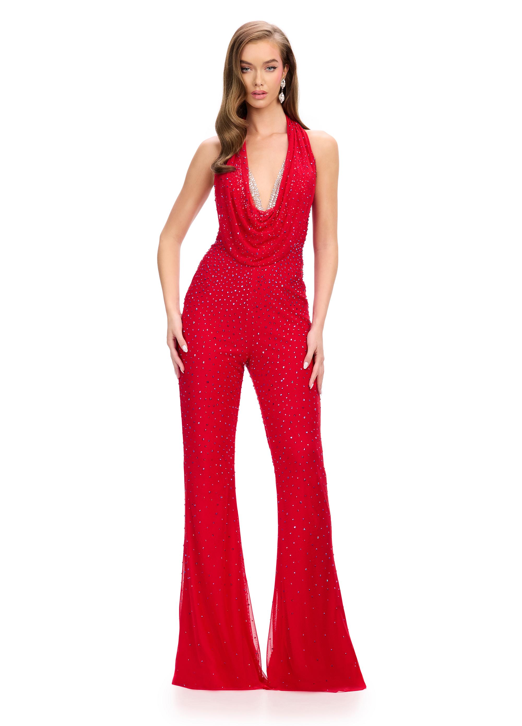 Red ASHLEYlauren 11775 standout jumpsuit featuring a halter neckline, illusion deep V-neckline adorned with crystal press-on stones, and a sleek silhouette for a bold and glamorous look.