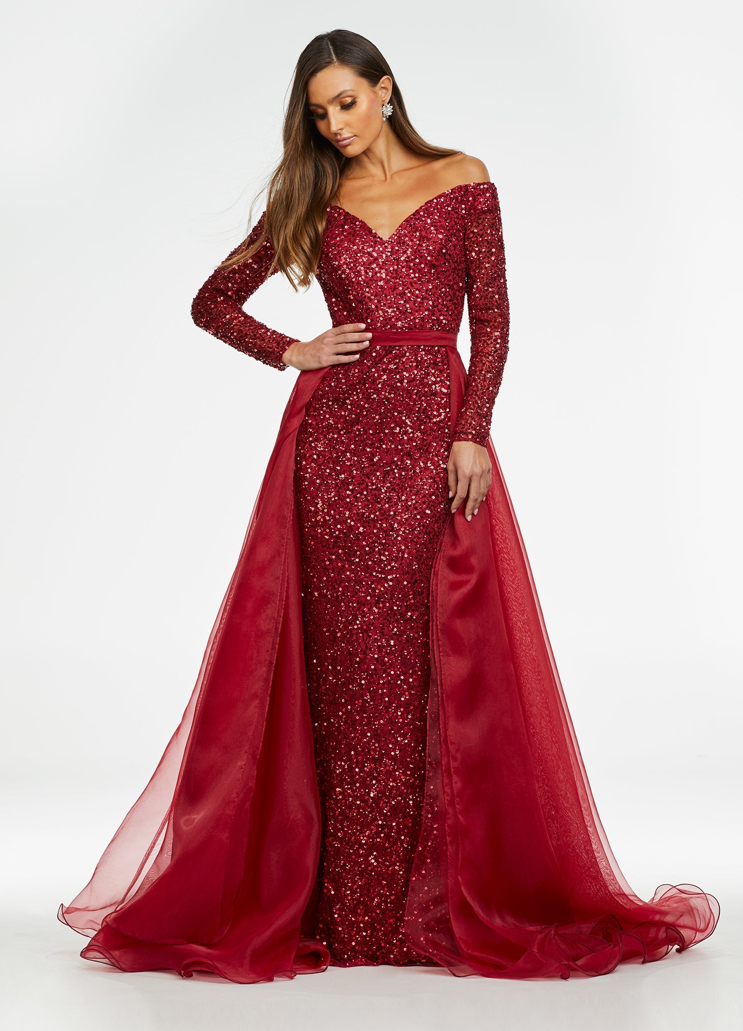 Red ASHLEYlauren 1739 – A stunning layered organza overskirt featuring a wire hem and a long, lavish train, perfect for adding extra flair to your favorite dress, romper, bodysuit, or jumpsuit.