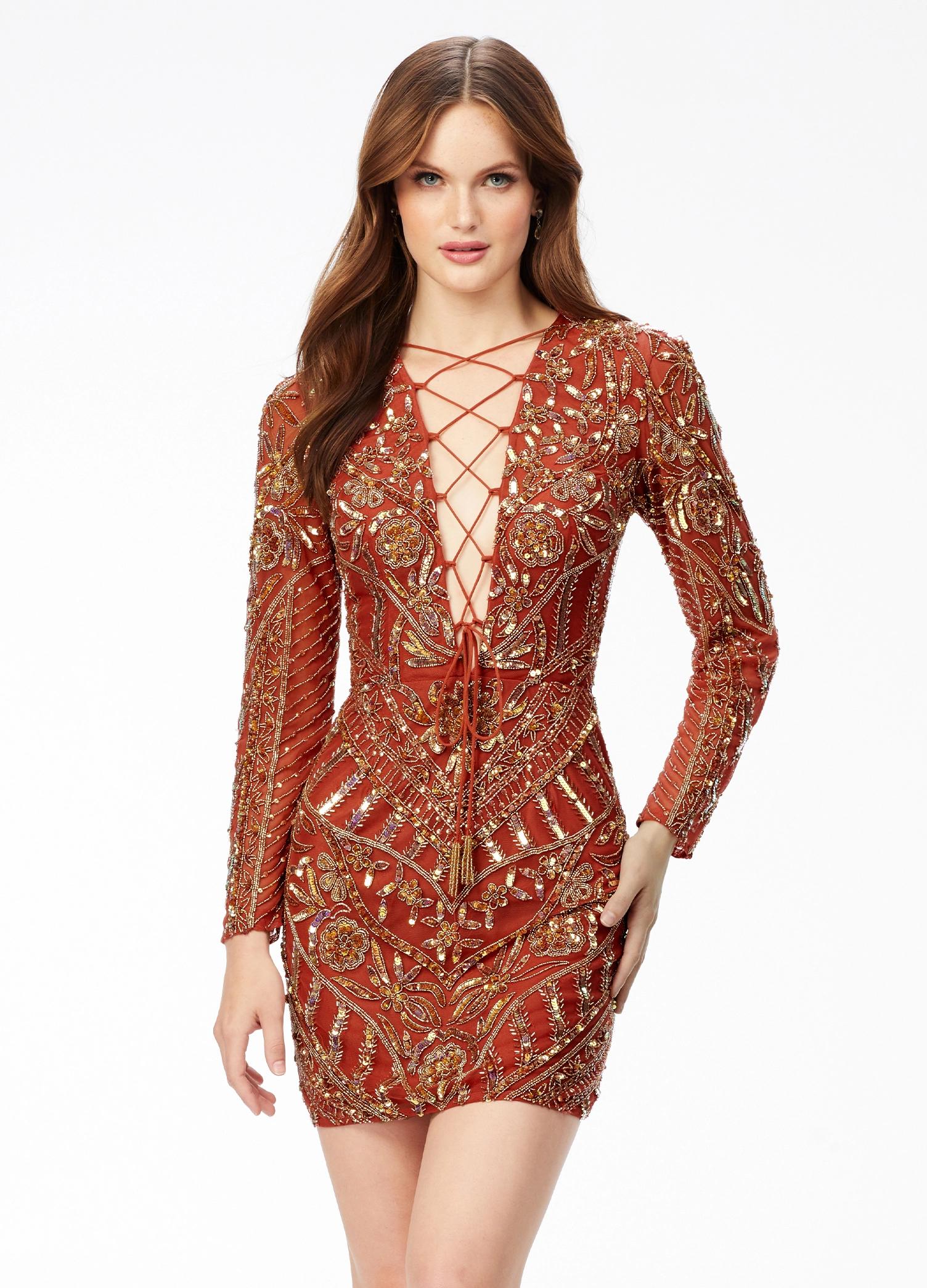 Red ASHLEYlauren 4511 fitted hand-beaded cocktail dress featuring a lace-up bustier, intricate bead motif cascading onto the fitted skirt and long sleeves for a dramatic and glamorous look.