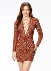 Red ASHLEYlauren 4511 fitted hand-beaded cocktail dress featuring a lace-up bustier, intricate bead motif cascading onto the fitted skirt and long sleeves for a dramatic and glamorous look.