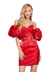 Red ASHLEYlauren 4642 satin cocktail dress featuring a sweetheart neckline, oversized puff sleeves, and a hot press stone belt for a bold and glamorous statement look.