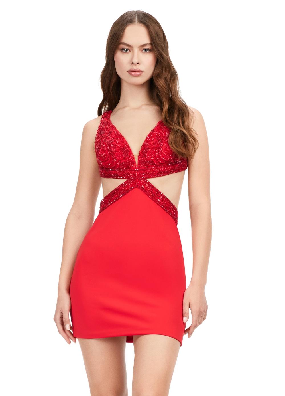 Red ASHLEYlauren 4649 jersey cocktail dress featuring a V-neckline, perfectly placed cutouts, beaded details, lace-up back, and a fitted skirt for a fun and flirty look.